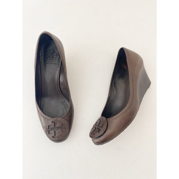 Tory Burch Miller Logo Wedge Heels Shoes Leather Brown - Picture 1 of 12